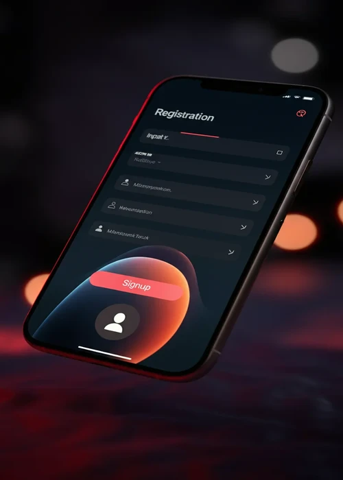 Registratieformulier van 0xbet Casino met velden voor e-mail, wachtwoord en aanmeldknop op een paarse achtergrond.